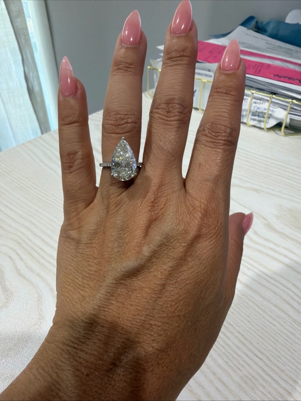 5.52 carat lab diamond pear ring